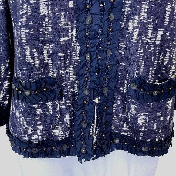 Chicos Intrigue Demi Cardigan Sweater Indigo Beaded Ruffle Trim Med - Picture 3 of 7